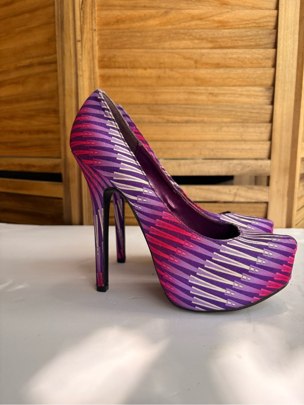 Promise Purple Patterned Platform Peep-Toe Pumps with Pink Accents